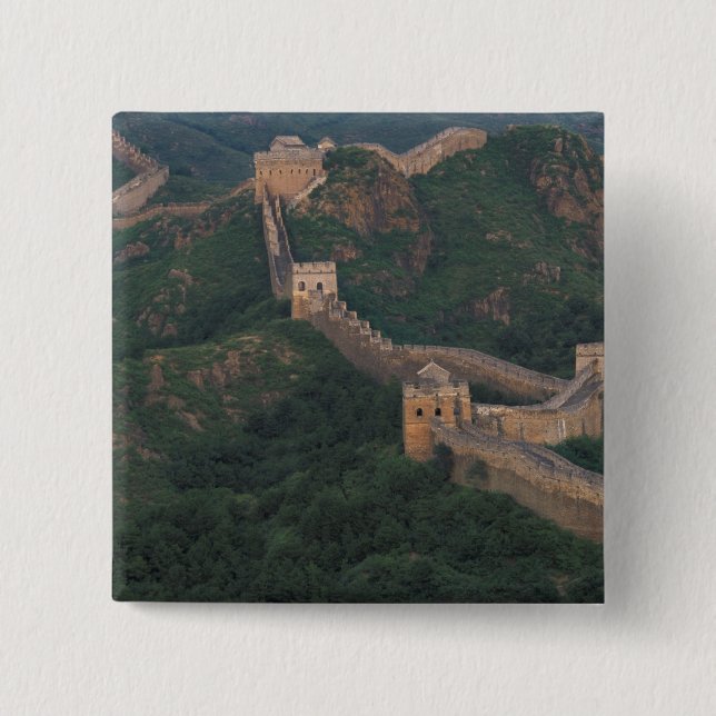 Great Wall winding through mountains. Button (Front)