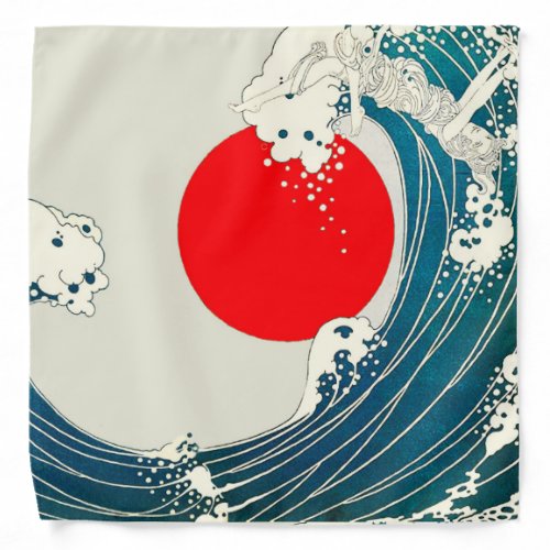 GREAT WAVE AND RED SUN Blue White Nautical Bandana