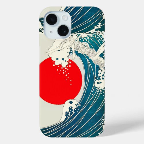 GREAT WAVE AND RED SUN Blue White Nautical iPhone 15 Case