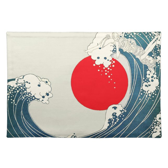 GREAT WAVE AND RED SUN Blue White Nautical Cloth Placemat (Front)