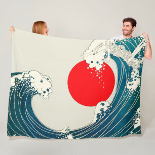 GREAT WAVE AND RED SUN Blue White Nautical Fleece Blanket
