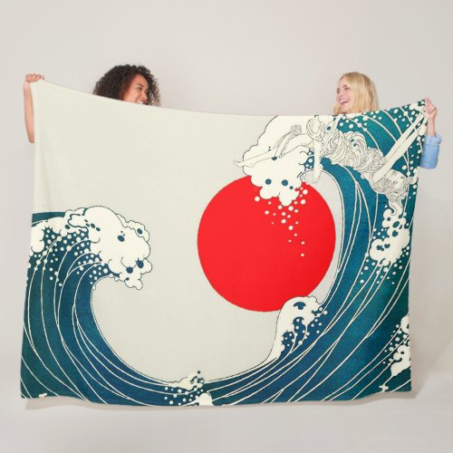 GREAT WAVE AND RED SUN Blue White Nautical Fleece Blanket