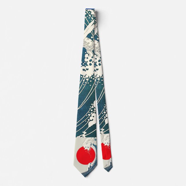 GREAT WAVE AND RED SUN Blue White Nautical Neck Tie (Front)