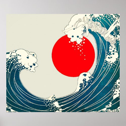 GREAT WAVE AND RED SUN Blue White Nautical Poster