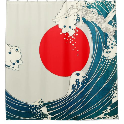 GREAT WAVE AND RED SUN Blue White Nautical Shower Curtain