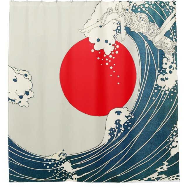 GREAT WAVE AND RED SUN Blue White Nautical Shower Curtain (Front)