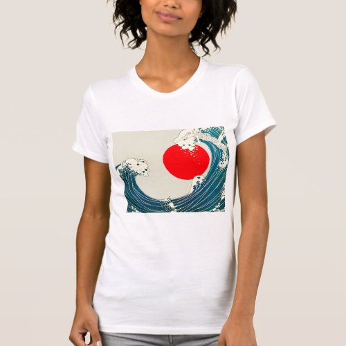 GREAT WAVE AND RED SUN Blue White Nautical T_Shirt
