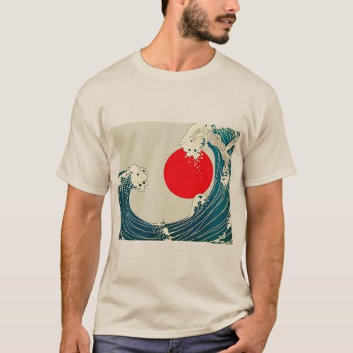 GREAT WAVE AND RED SUN Blue White Nautical T_Shirt