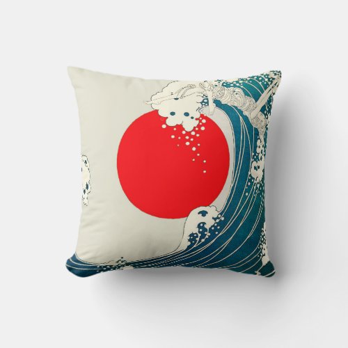 GREAT WAVE AND RED SUN Blue White Nautical Throw Pillow
