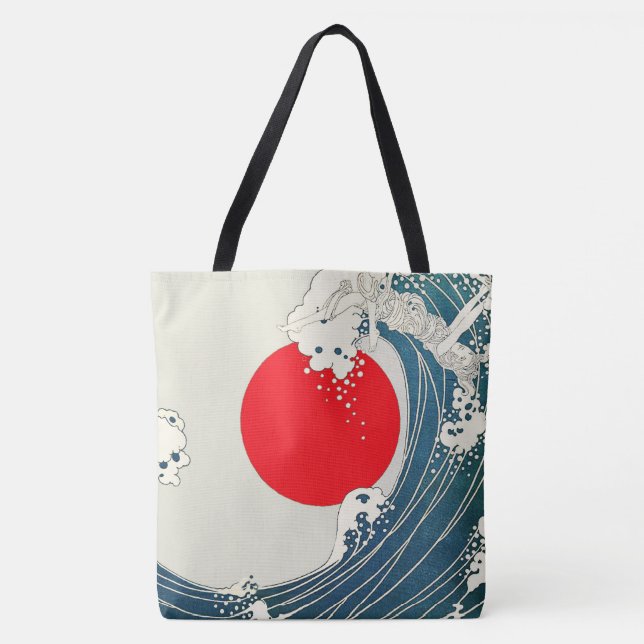 GREAT WAVE AND RED SUN Blue White Nautical Tote Bag (Front)