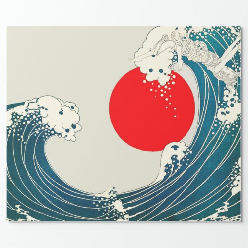 GREAT WAVE AND RED SUN Blue White Nautical Wrapping Paper