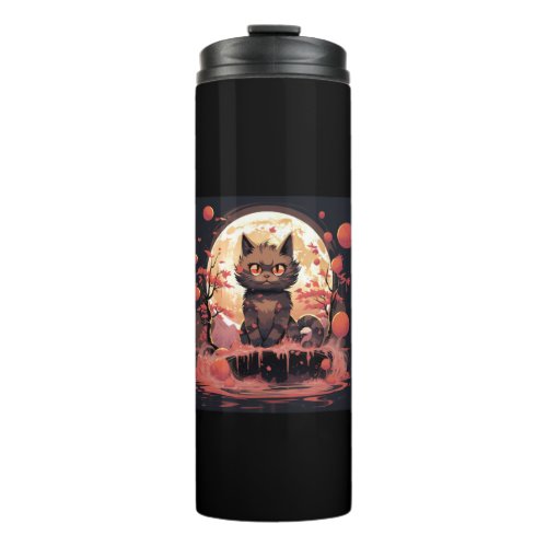 Great Wave and Sakura_ Halloween Black Cat Art  Thermal Tumbler