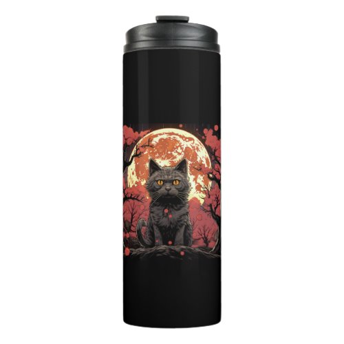 Great Wave Halloween_ Black Cat Pumpkins Sakura  Thermal Tumbler