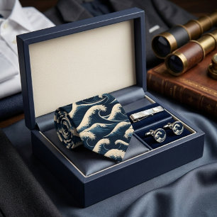 Great Wave Hokusai Navy Blue Japanese Art Pattern Neck Tie