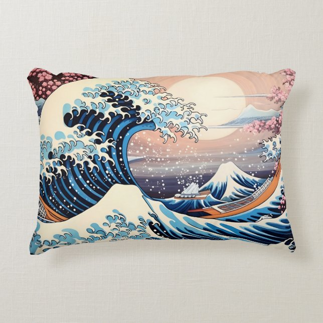 Great Wave inspired pink sakura aesthetic Accent Pillow (Front)