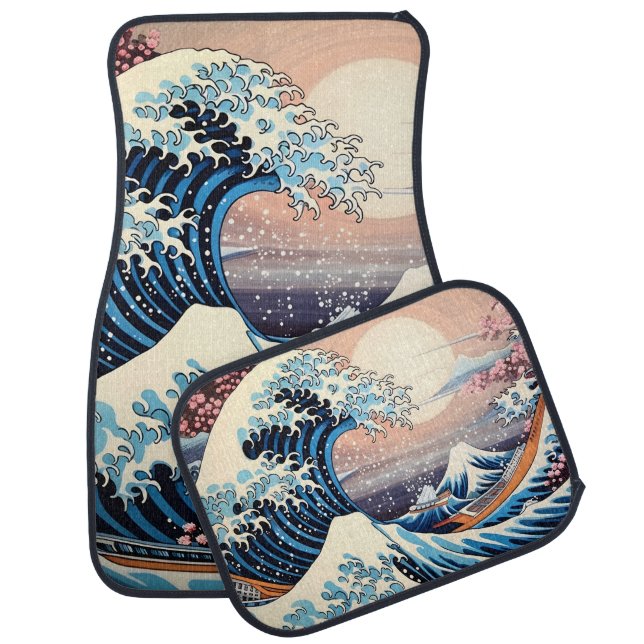 Great Wave inspired pink sakura aesthetic Car Floor Mat (Set)