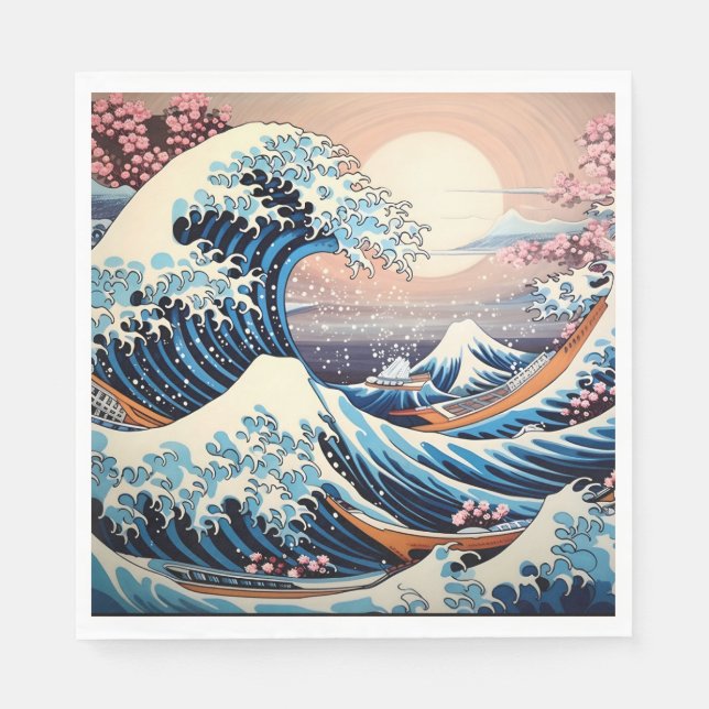 Great Wave inspired pink sakura aesthetic Napkins (Front)