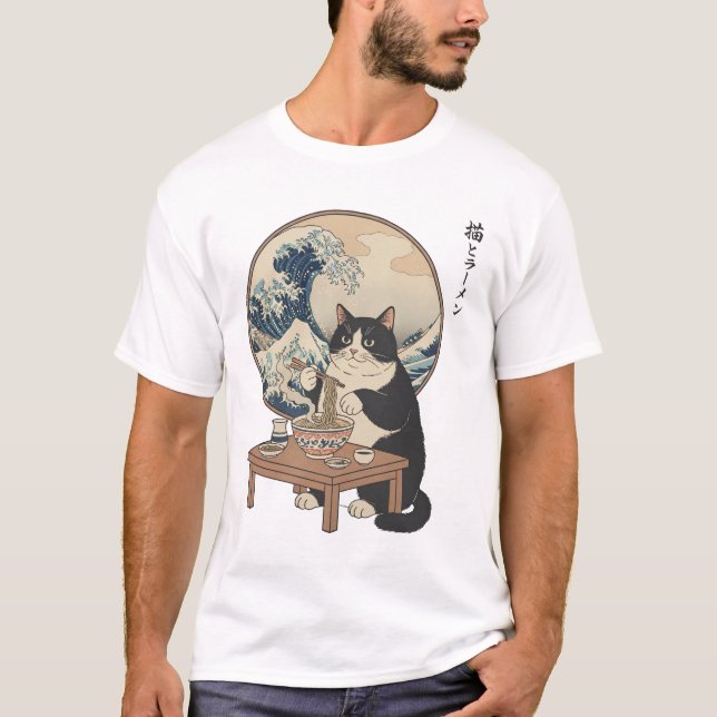 Great Wave Japanese Cat Eating Ramen Funny Art T-Shirt (Front)