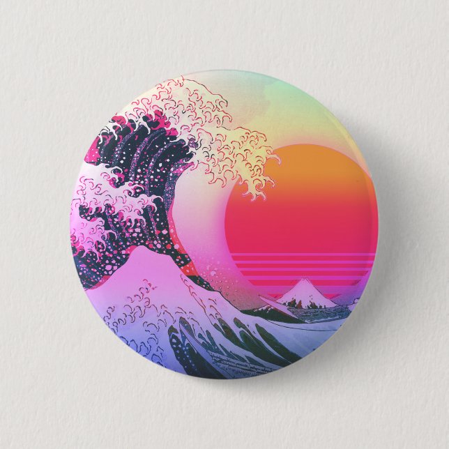 Great Wave Kanagawa Vaporwave Vintage Aesthetic Button (Front)