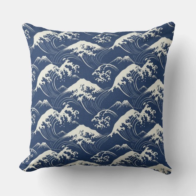 Great Wave Mandala – Seamless Japanese-Inspired Oc Throw Pillow (Front)