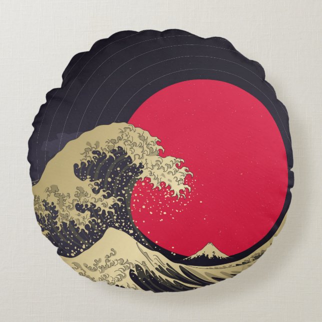 "Great Wave of kanagawa". Hokusai, Japanese wave i Round Pillow (Front)