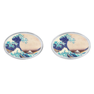 Great Wave Off Kanagawa Japanese Vintage Fine Art Silver Cufflinks