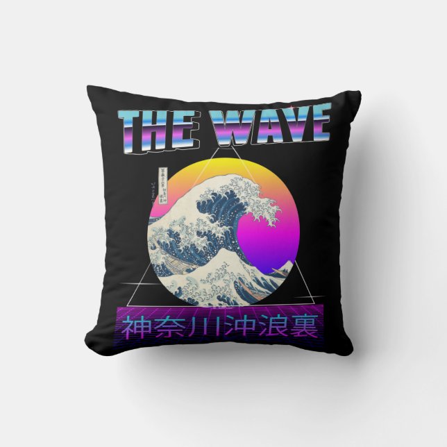 Great Wave off Kanagawa Retro Vaporwave Throw Pillow (Front)