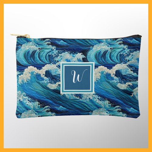Great Waves and Seafoam Beach Inspired Monogram Accessory Pouch