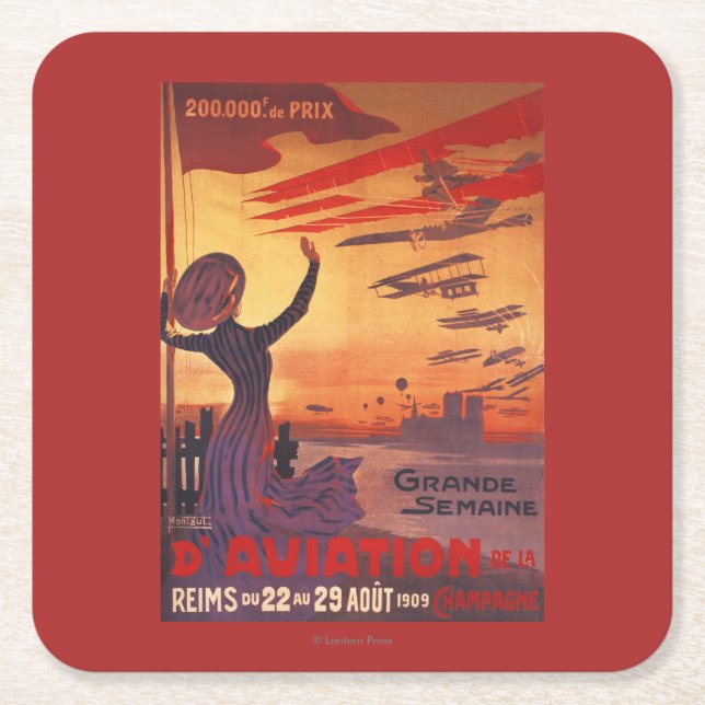 Great Week of Aviation - Woman Waving Poster Square Paper Coaster (Front)
