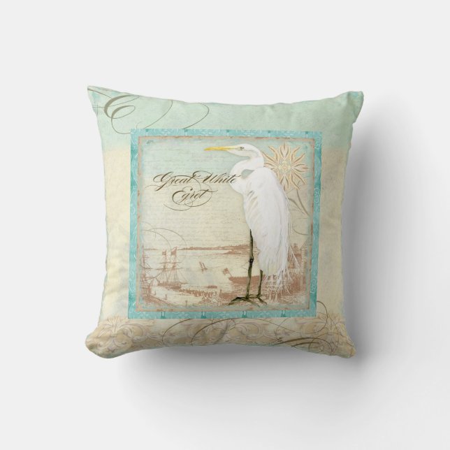 Great White Egret  Coastal Beach Home Decor Pillow (Front)