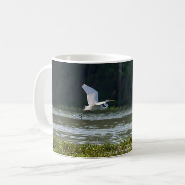 Great White Egret Flying Coffee Mug (Front Left)