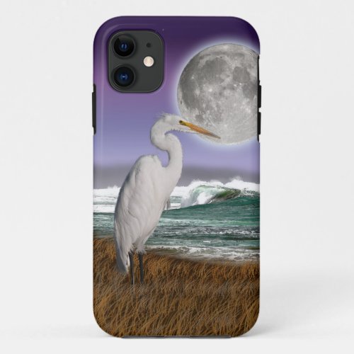 Great White Egret Moon and Water Wildlife Art iPhone 11 Case