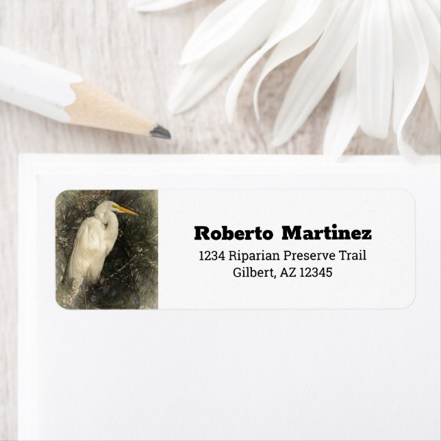 Great White Egret Water Bird Digital Art Painting Label (Insitu)