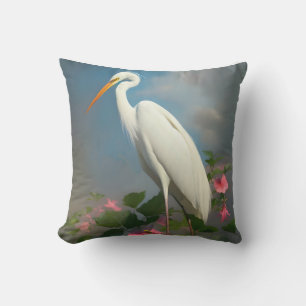 Great White Egret With Hibiscus Outdoor Pillow