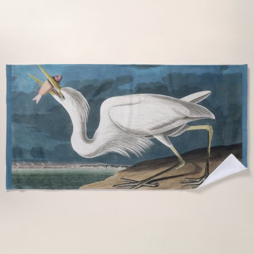 Great White Heron Audubon Bird Wildlife Painting Beach Towel