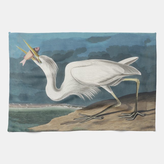 Great White Heron Audubon Bird Wildlife Painting Kitchen Towel (Horizontal)
