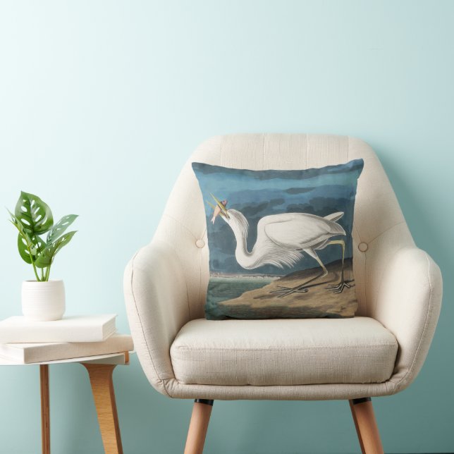 Great White Heron Audubon Bird Wildlife Painting Throw Pillow (Chair)