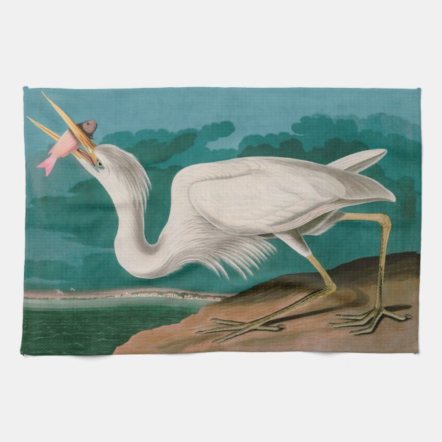 Great White Heron Birds of America Audubon Print Kitchen Towel (Horizontal)