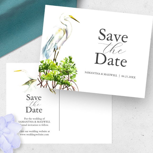 Great White Heron Save The Date Postcard (Save the date postcards destination weddings Florida watercolor heron and mangroves Do Tell A Belle)