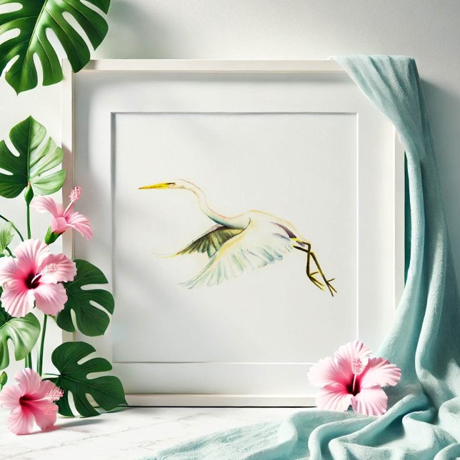 Great White Heron Tropical Art Poster (beach art great white heron watercolor painting by Victoria Grigaliunas. Order prints.)