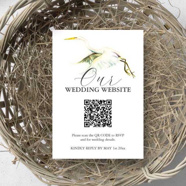 Great White Heron Wedding Enclosure Cards (Wedding website card with QR code watercolor tropical bird art by Victoria Grigaliunas DoTellABelle)