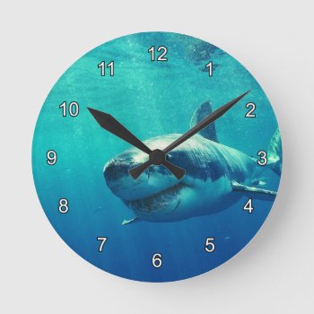 Great White Shark 1 Round Clock by Trendi_Stuff at Zazzle