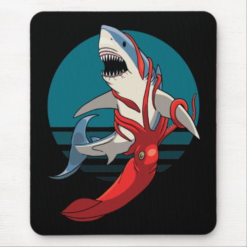Great White Shark and Giant Squid Mouse Pad