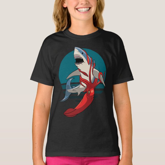 Great White Shark and Giant Squid T-Shirt (Front)