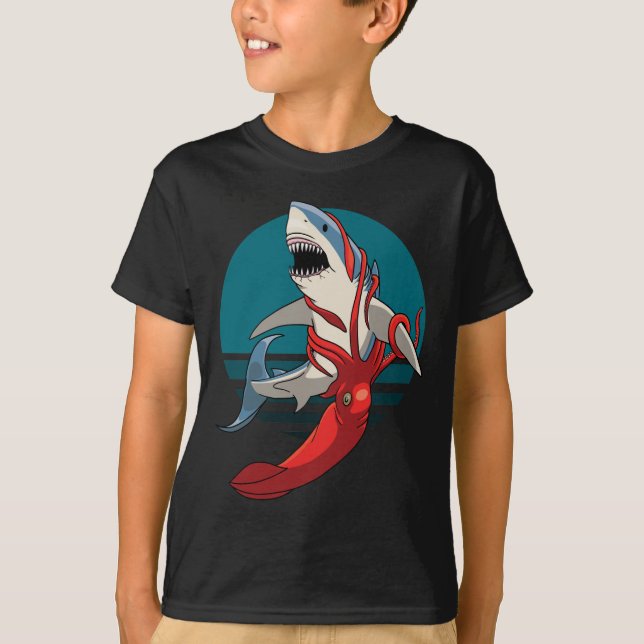 Great White Shark and Giant Squid T-Shirt (Front)