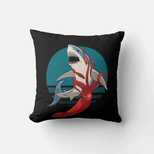 Great White Shark and Giant Squid Throw Pillow (Front)