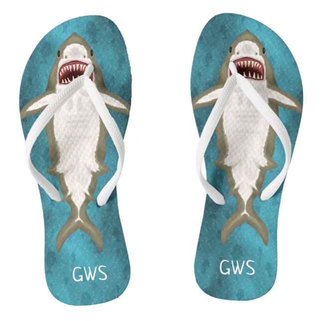 Great White Shark Attack Funny Ocean Monogrammed Flip Flops (Footbed)