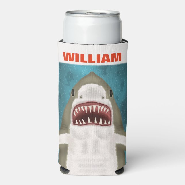 Great White Shark Attack Personalized Ocean Funny Seltzer Can Cooler (Seltzer Front)