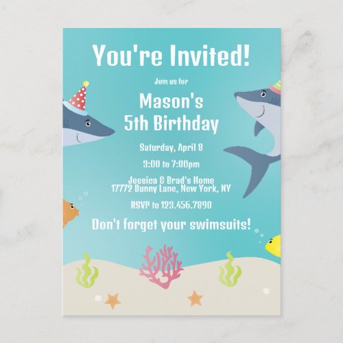 Great White Shark Cartoon Party Hats Invitation Postcard