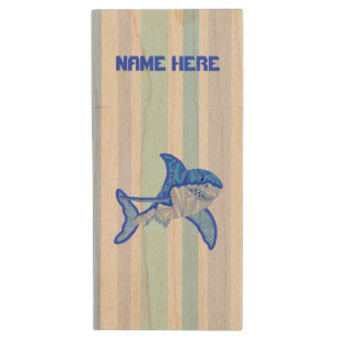 Great White Shark Colorful Sea Stripe Wood USB Flash Drive